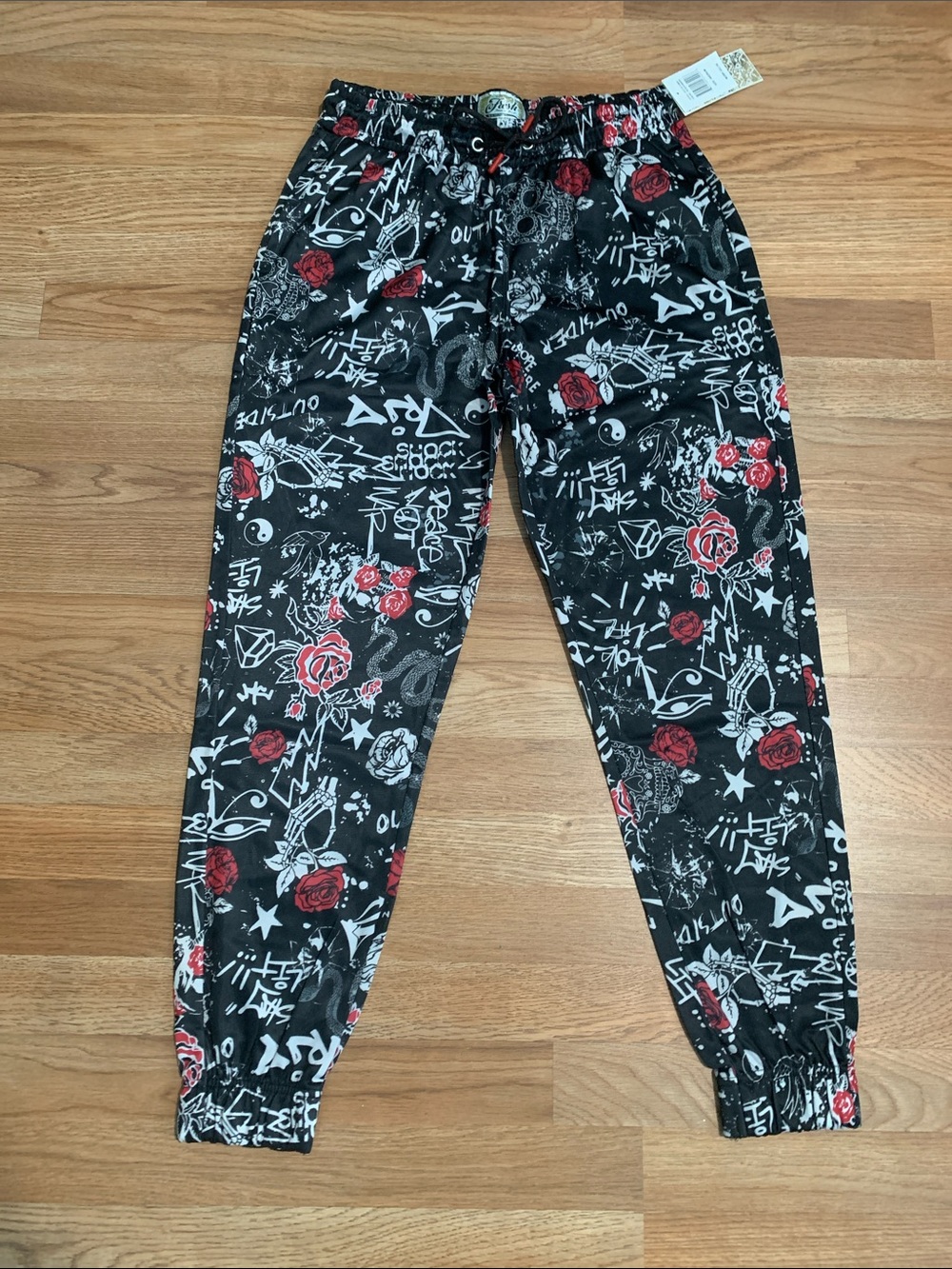 fresh Black Joggers with Red Rose & White Graffiti Print